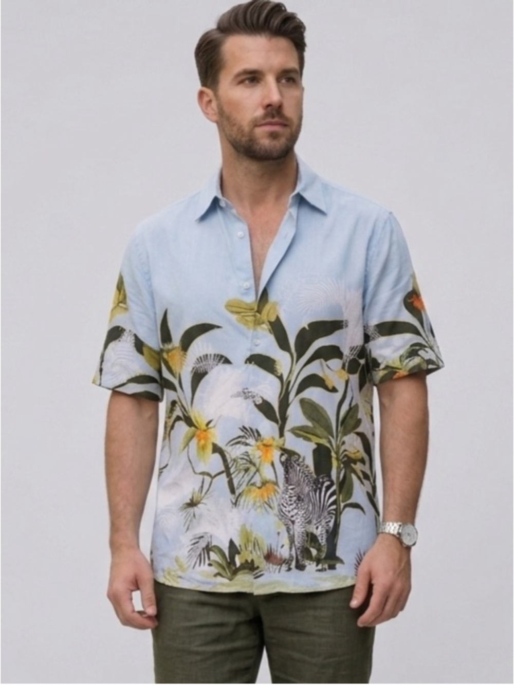 Etro Light Blue Tropical Safari Print Short Sleeve Button Up Shirt Size L